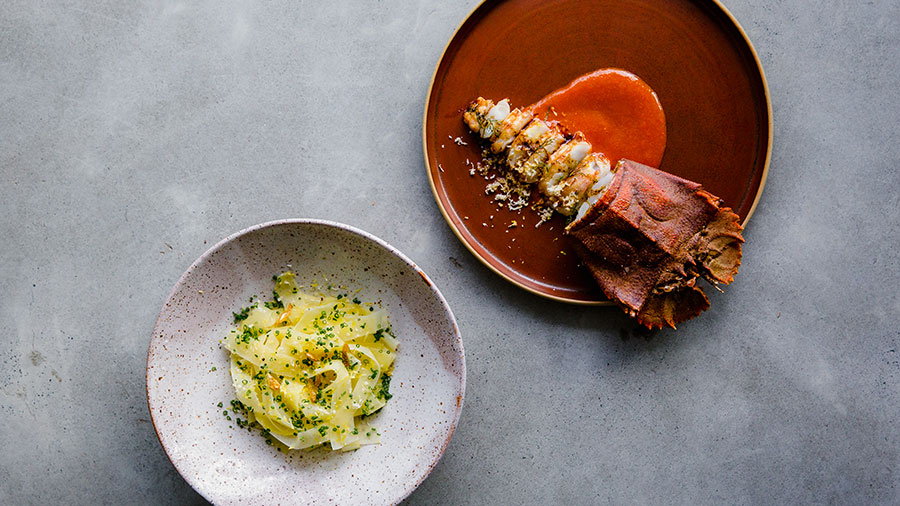 Glazed bay lobster with potato noodles, lemon and garlic. Credit: Sabine Bannard