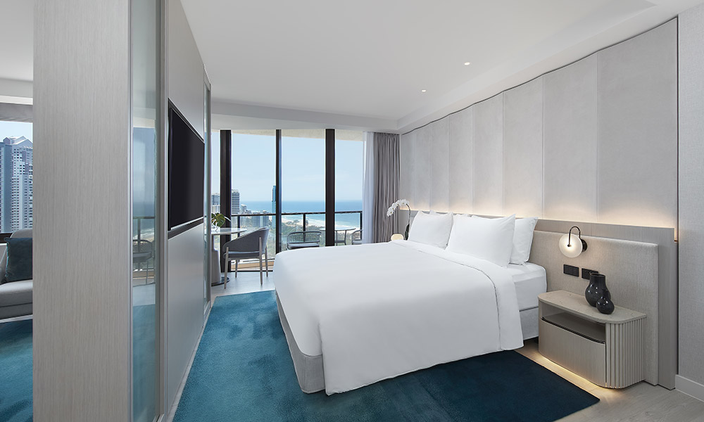 A glamorous Junior Suite at the JW Marriott Resort Surfers Paradise. Supplied.