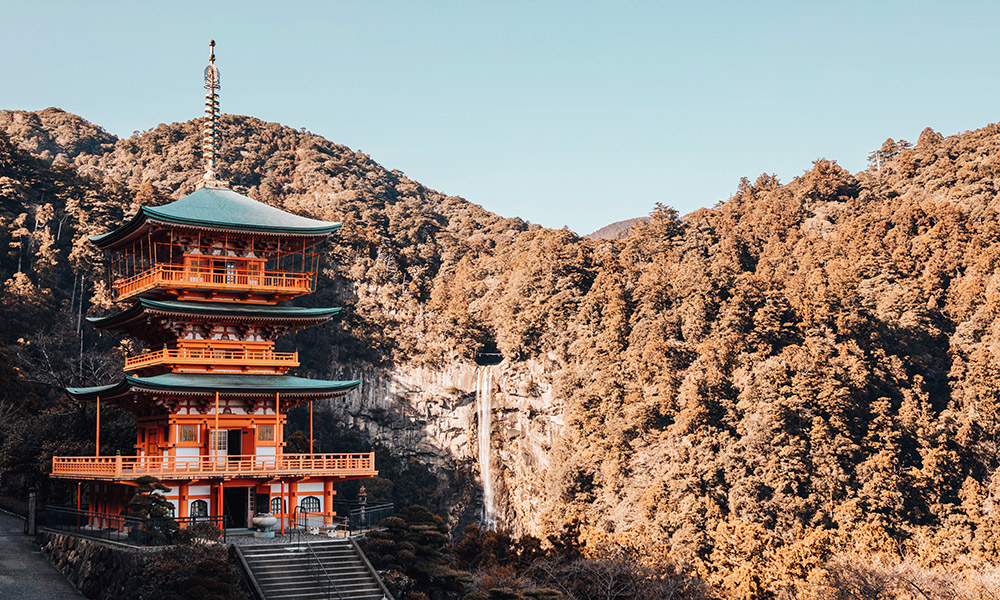 The pagoda and waterfall at Kumano Nachi Taisha. Credit: JNTO