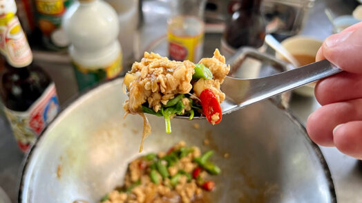 Stir fried chicken with holy basil at Krabi Cookery School