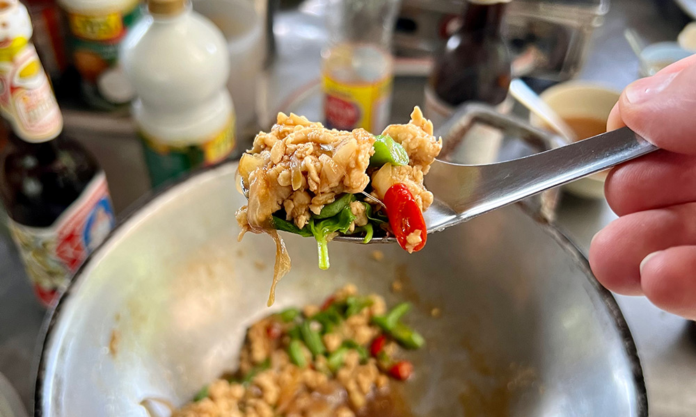 Stir fried chicken with holy basil at Krabi Cookery School