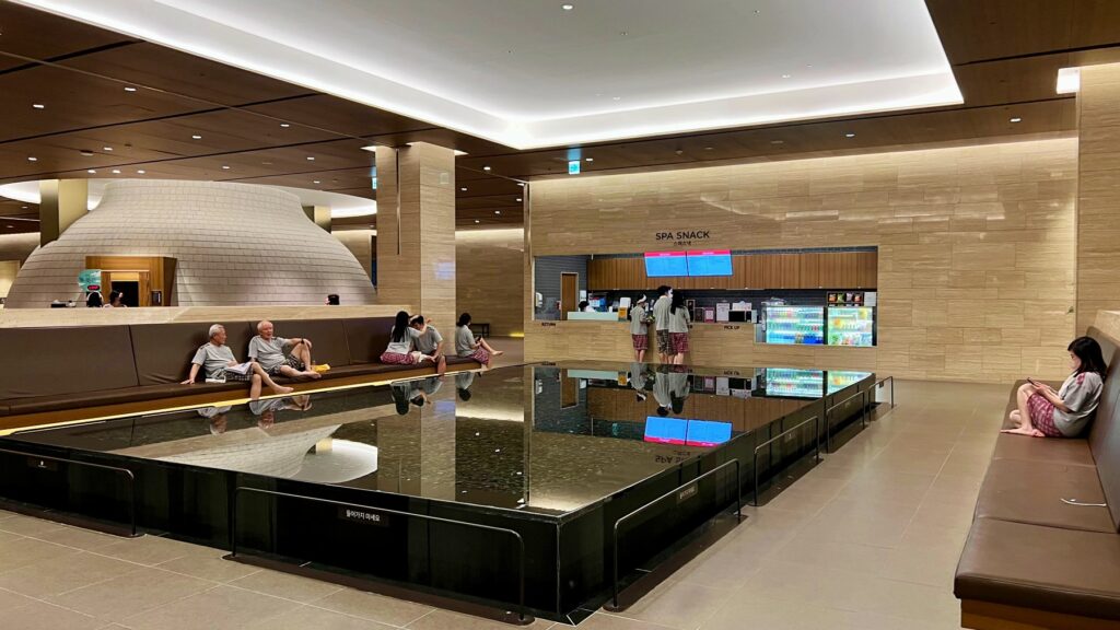 The spa complex features a snack counter and sit-down restaurant. 