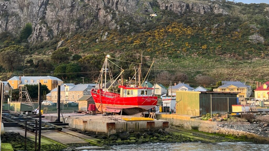 Hurseys Seafood's fishing boat resting atop the slipway. 