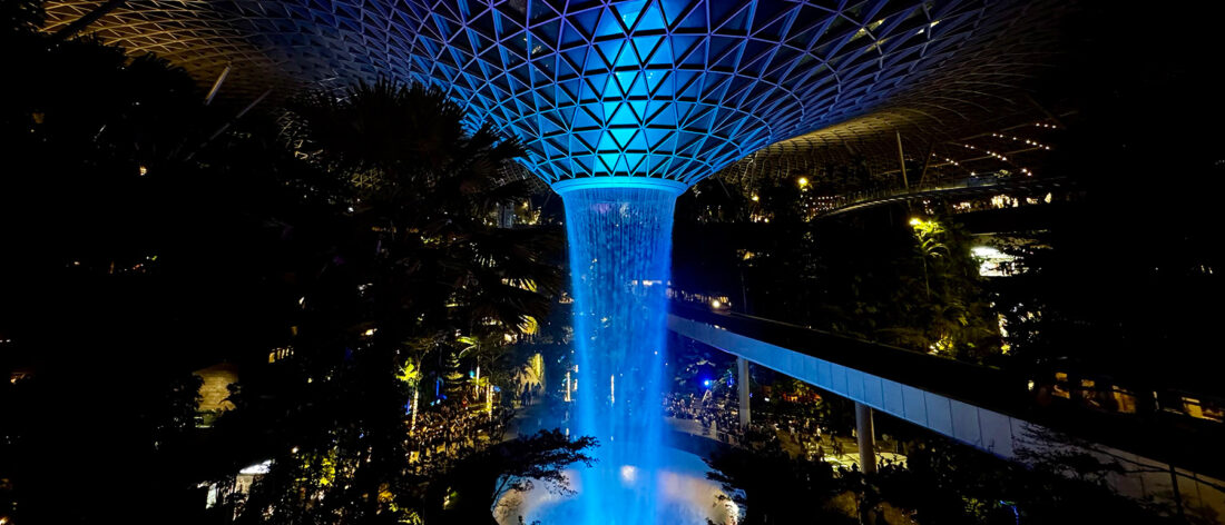 Jewel Changi Airport waterfall at night